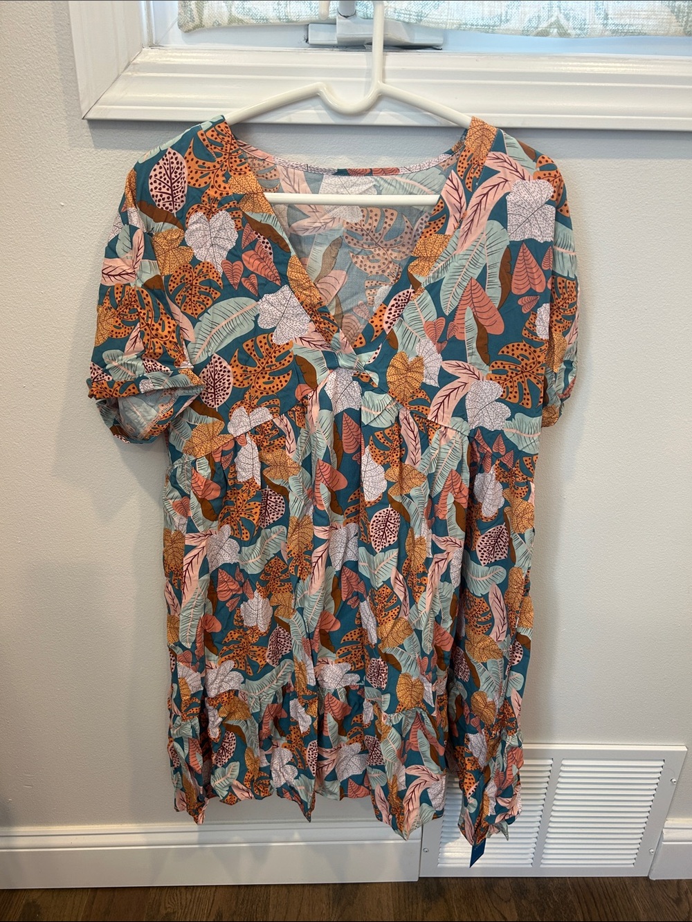 Cupshe Teal, Rust, Blush & Cream Leaf-Print Mini Dress